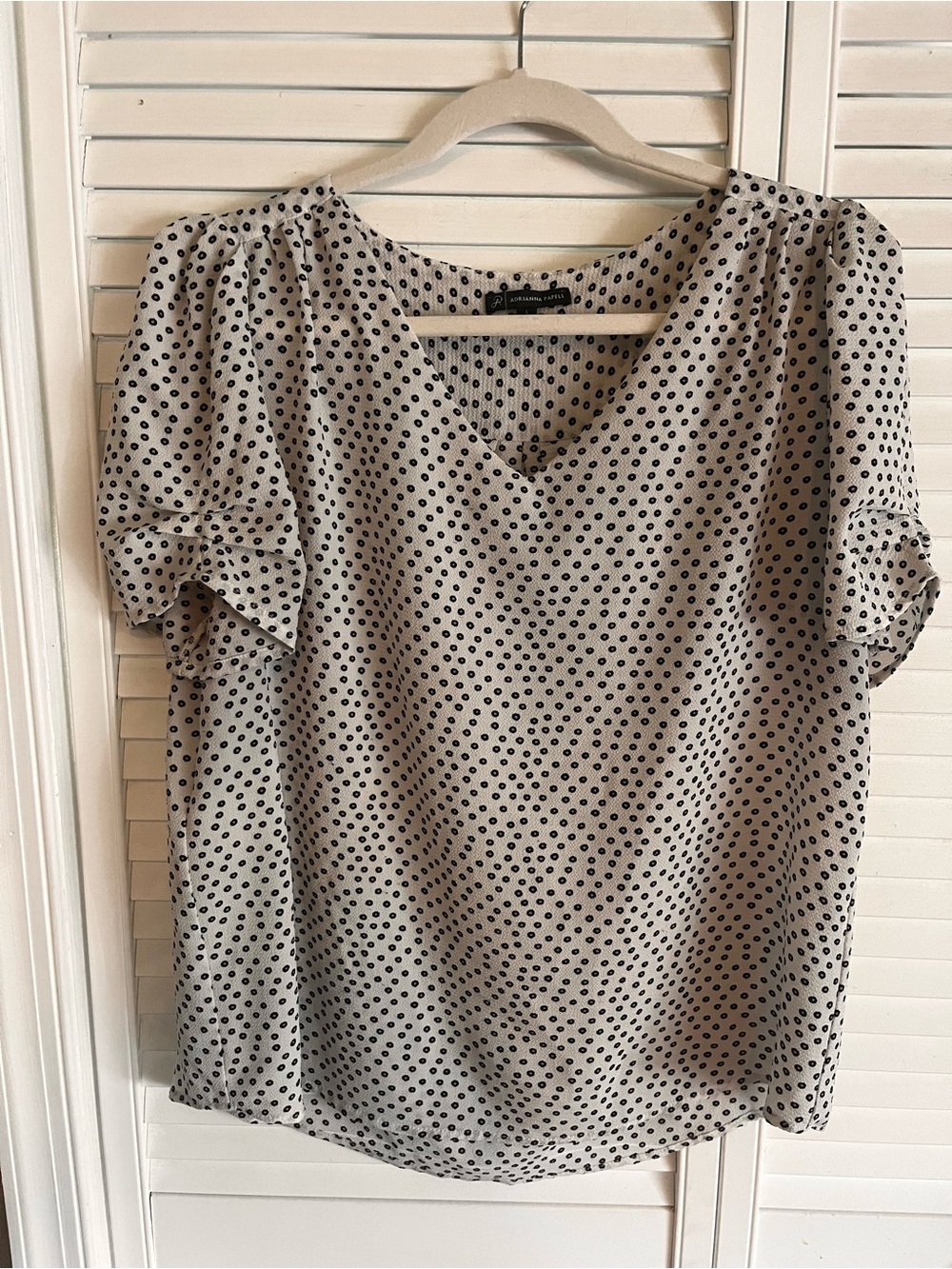 Adrianna Papell Cream Blouse with Black Polka Dots V-Neck
